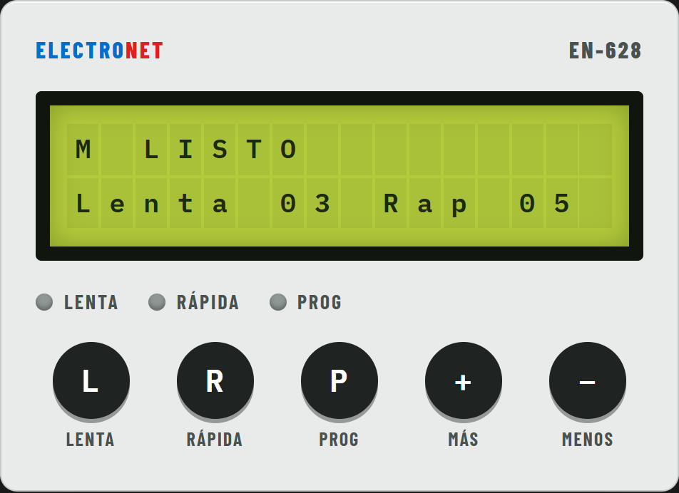 Frente del EN-628 en reposo: la pantalla dice M LISTO y abajo Lenta 03 Rap 05; las tres luces apagadas; pulsadores LENTA, RÁPIDA, PROG, MÁS y MENOS.
