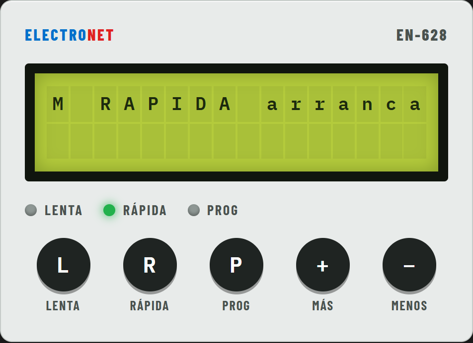 Pausa al pasar a rápida: pantalla M RAPIDA arranca, luz RÁPIDA encendida.
