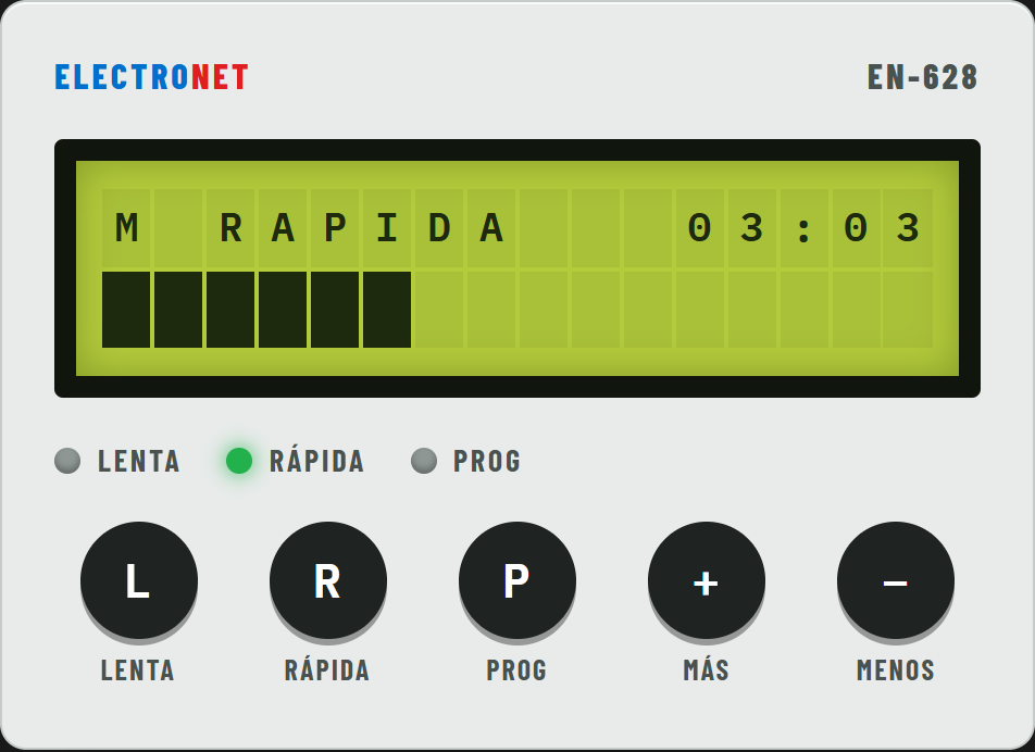 Rápida en marcha: pantalla M RAPIDA con 3 minutos restantes y la barra empezando; luz RÁPIDA encendida.