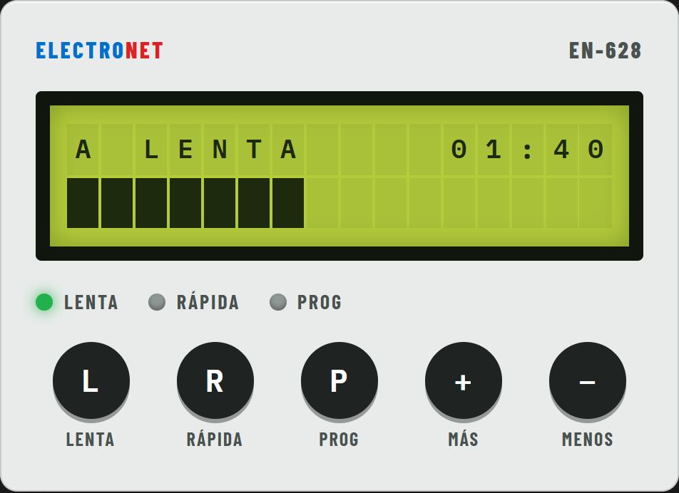 Automático en lenta: pantalla A LENTA con el tiempo restante y la barra, luz LENTA encendida.