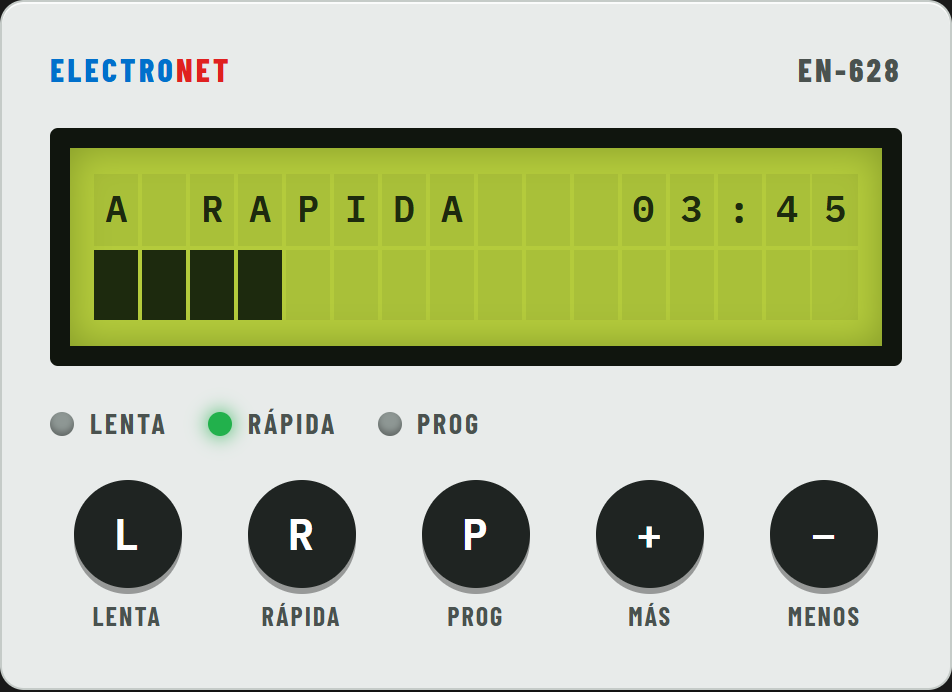 Automático en rápida: pantalla A RAPIDA con el tiempo restante, luz RÁPIDA encendida.