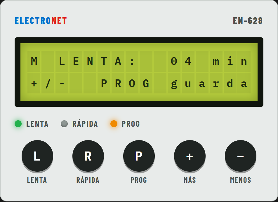 Programando la lenta: pantalla M LENTA: 04 min, +/- PROG guarda; luces PROG y LENTA encendidas.