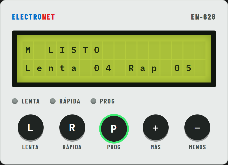 Se pulsa PROG: guardado, pantalla M LISTO, Lenta 04 Rap 05.