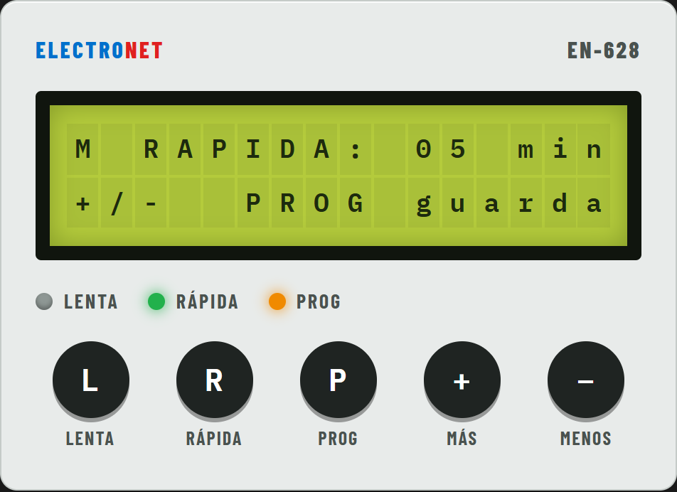 Programando la rápida: pantalla M RAPIDA: 05 min, +/- PROG guarda; luces PROG y RÁPIDA encendidas.